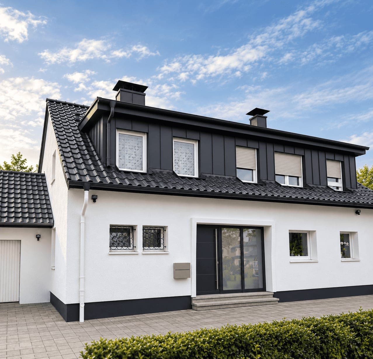 Weißes Wohnhaus mit schwarz eingedecktem Steildach und anthrazitfarben verkleideter Schleppgaube