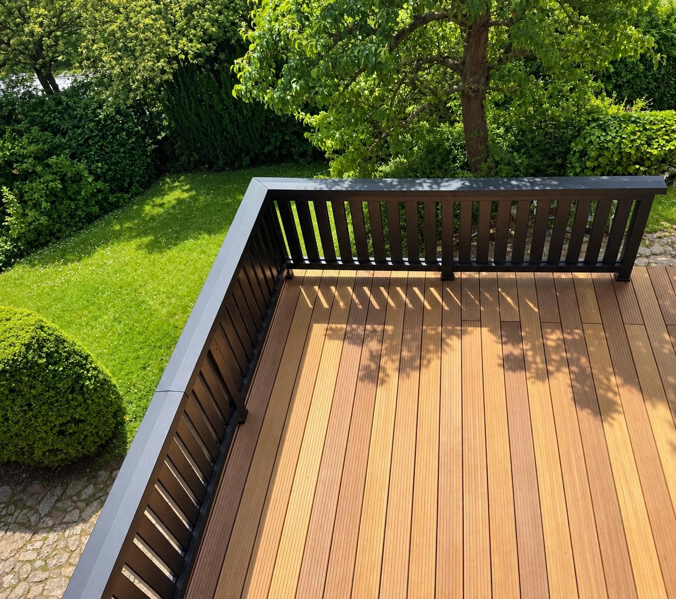 Terrasse mit neuem Holzdielen-Belag und anthrazitfarbenem Geländer, davor ein gepflegter Garten